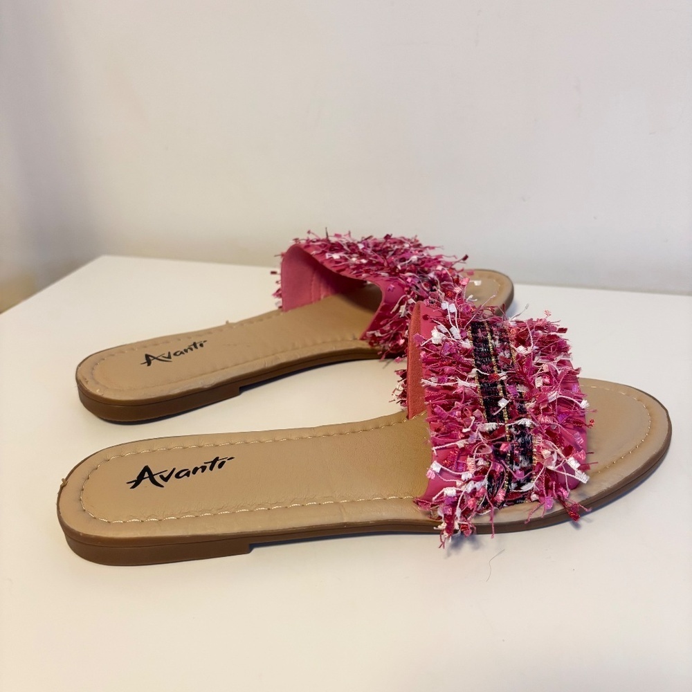 Avanti Pink Fringe Slip On Slide Flat Sandals Vegan Faux Leather Womens US 10 - Picture 2 of 4